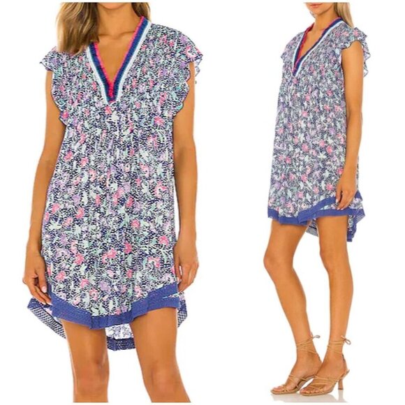 Poupette St‎ Barth Sasha Floral Printed Mini Dress, Blue Clary, Size XS, NWT - Picture 1 of 13